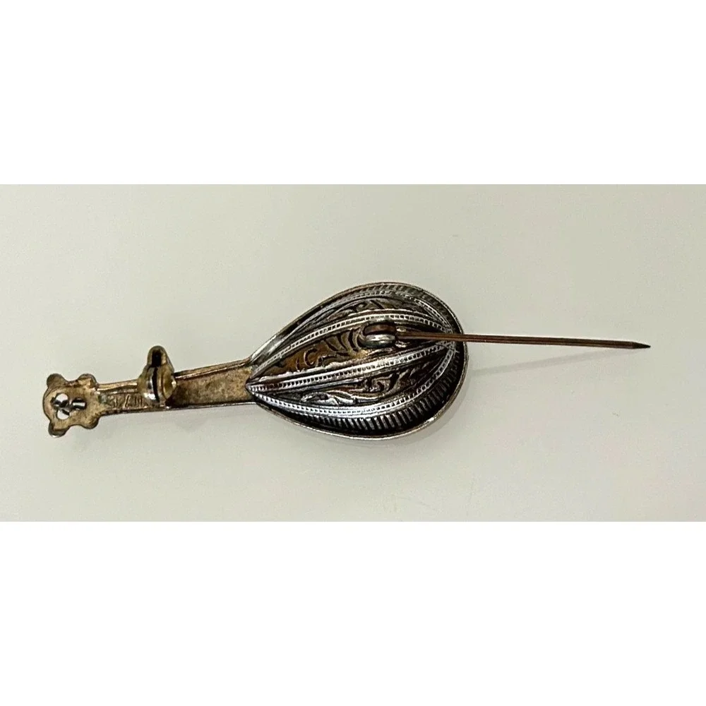 Vintage Silver Filigree Mandolin Lute Brooch Pin Miniature Instrument Spain EUC